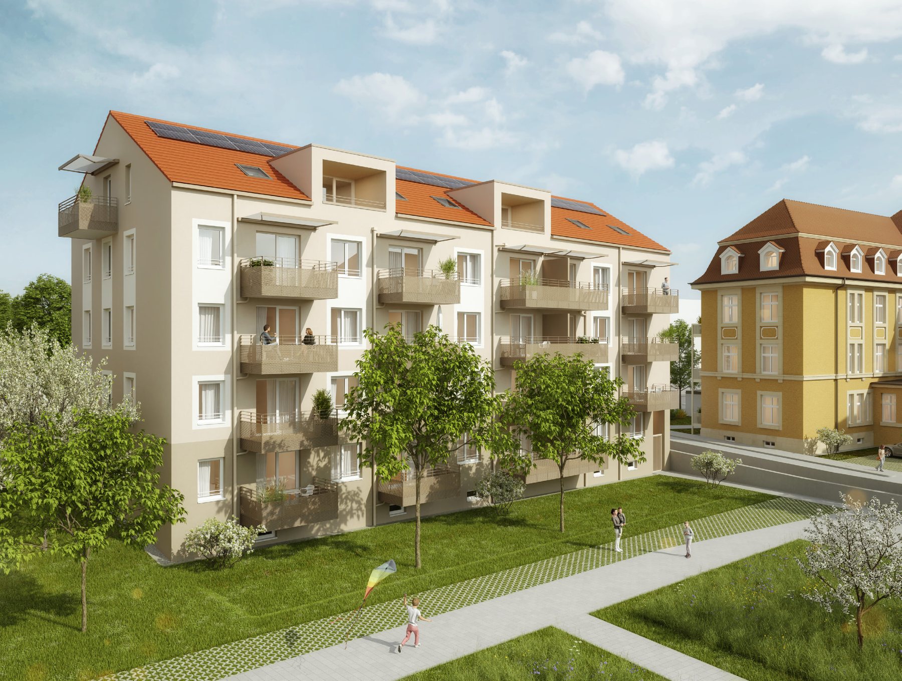 Visualisierung des Konversionsquartiers André Noël Park mit Neubau und denkmalgeschütztem Bestand