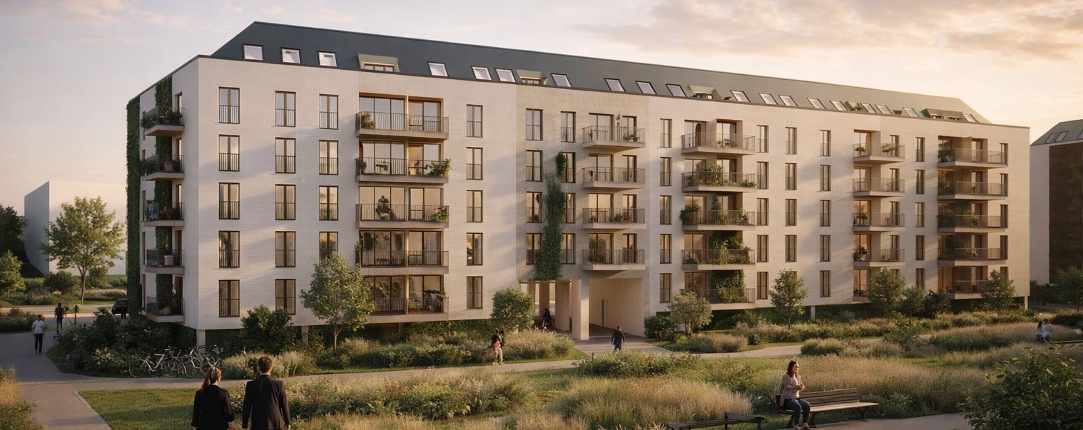 Visualisierung des Micro-Living-Projekts crooms² in Dresden-Mickten mit begrünten Balkonen