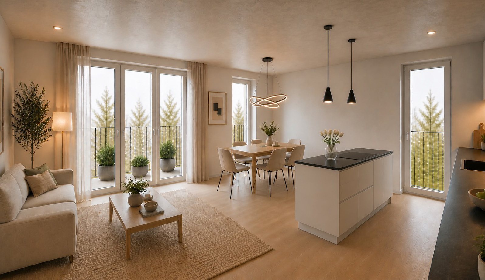 Visualisierung eines Wohn- und Essbereichs im Projekt crooms², Dresden-Mickten