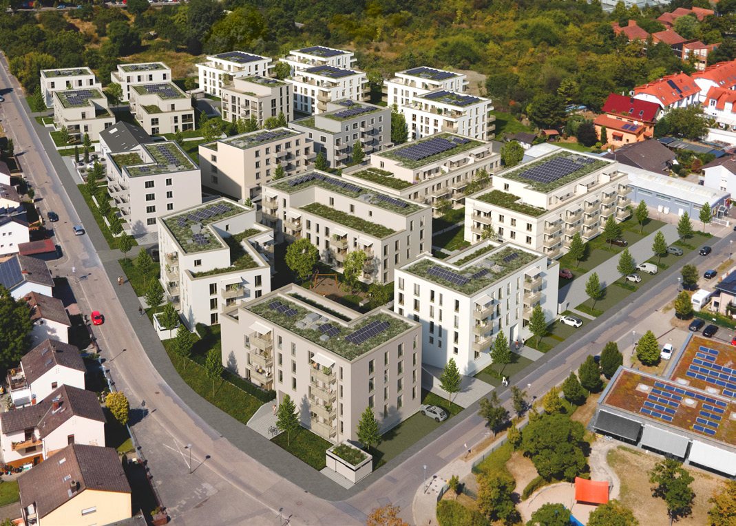 Visualisierung des Neubauquartiers Strandbad Quartier in Frankenthal aus der Vogelperspektive