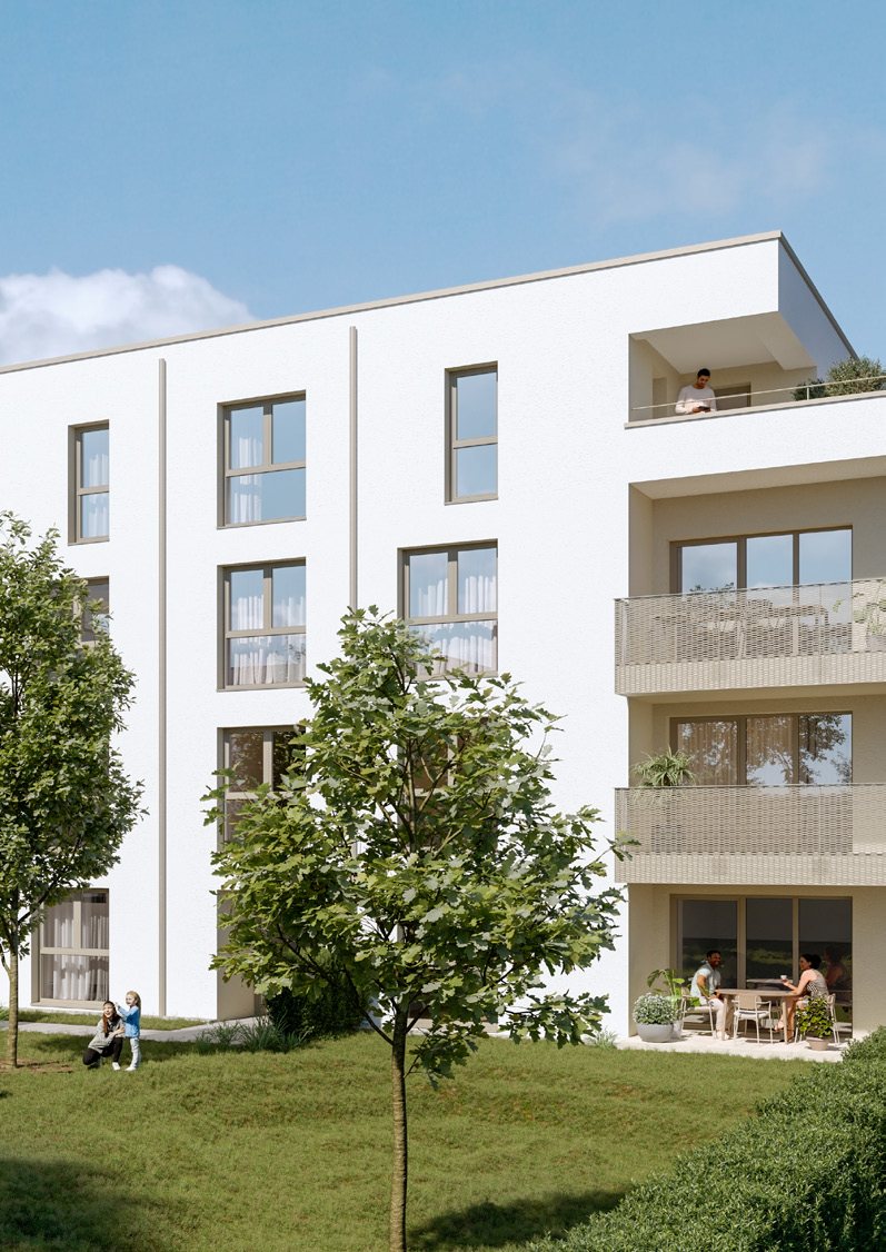 Visualisierung eines Wohngebäudes mit Balkonen im Strandbad Quartier, Frankenthal
