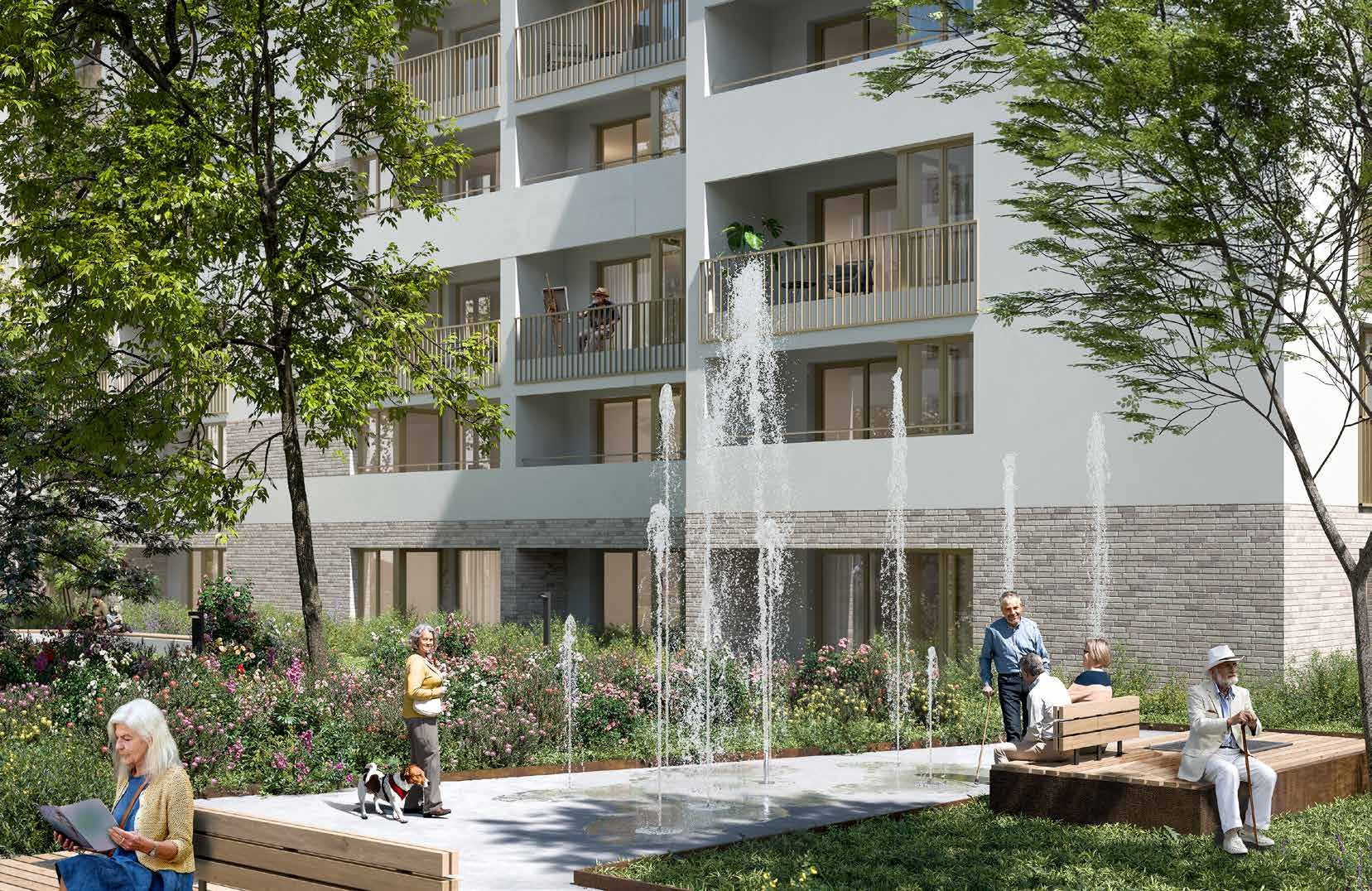 Visualisierung des Innenhofs mit Wasserspiel im Projekt hyggl, Kassel