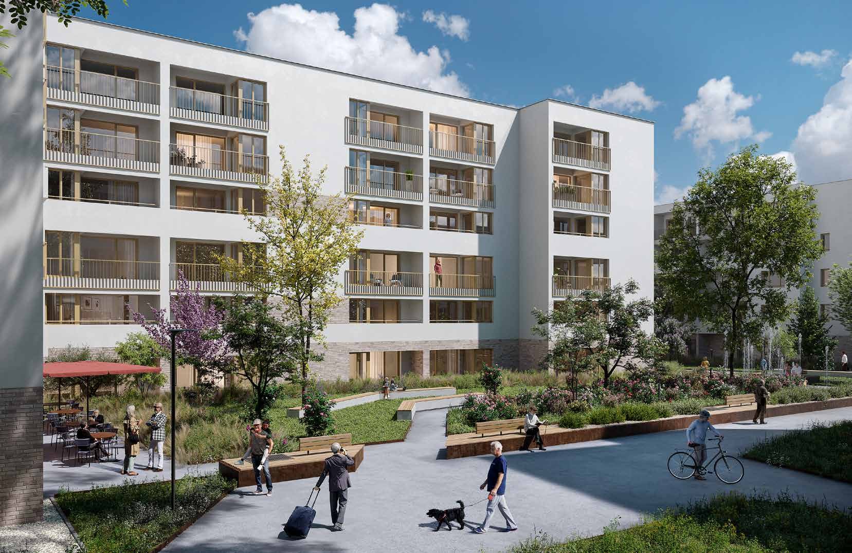 Visualisierung der Wohngebäude rund um den Innenhof des Projekts hyggl, Kassel